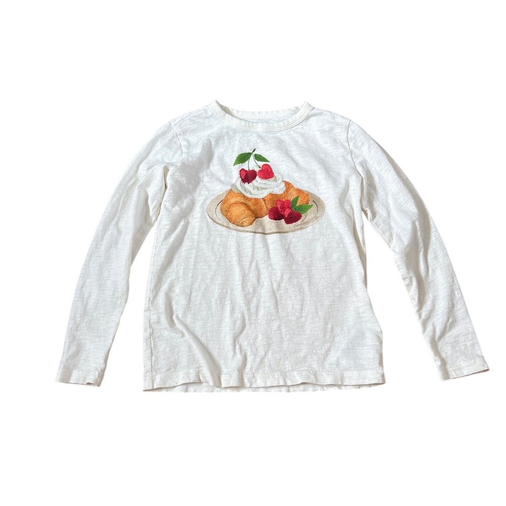 Crewcuts Graphic Tee Kids White Croissant Cherry Sequin Long Sleeve SIZE S 6/7